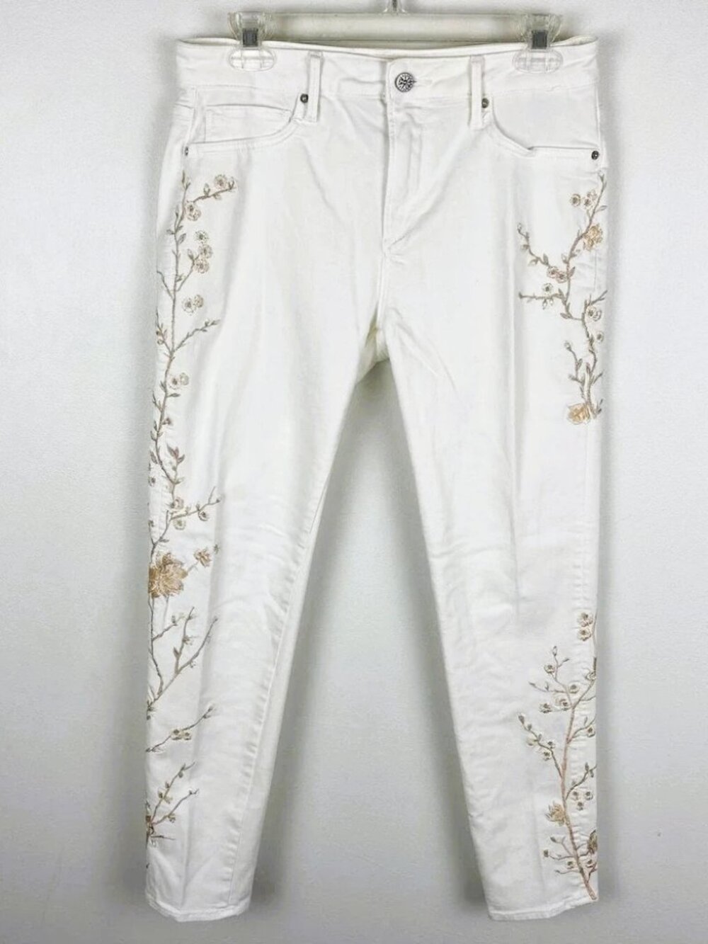 Driftwood Jackie White Mid Rise Floral Embroidered Skinny Jeans 29